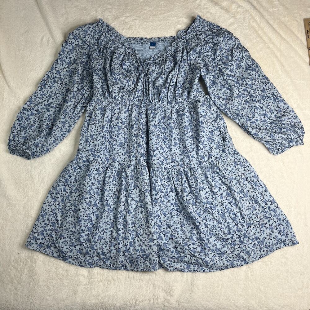 Old Navy Dress Women's Blue Paisley Rayon Smocked 3/4 Sleeve Pullover size L
